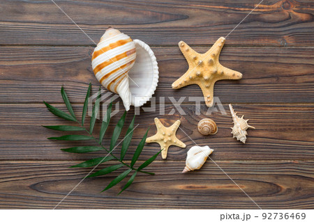 Summer time concept Flat lay composition with beautiful starfish and sea shells on colored table, top view 92736469
