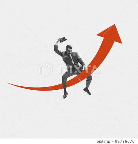 Excited businessman flying on drawn ornage arrow isolated over white background. Concept of business, art, psychology of success 92736676