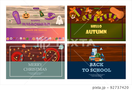 Set of flat vector banners for Christmas, autumn,halloween, school. Cartoon holiday template with festive decorations and food. New Year s card with a Christmas wreath, toys and garlands. Background Set of flat vector banners for Christmas, autumn,halloween, school. Cartoon holiday template with festive decorations and food. New Year s card with a Christmas wreath, toys and garlands. Background 92737420