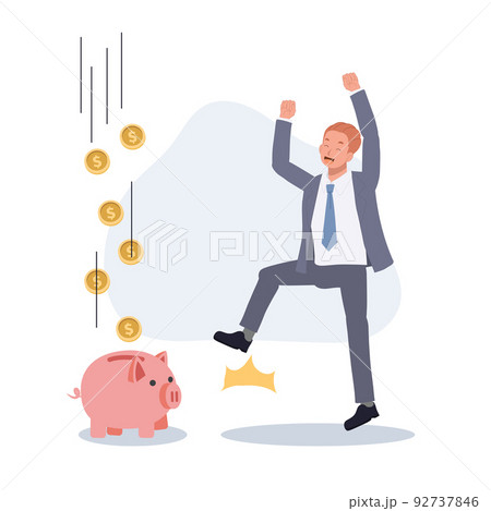 Investment , income comparison concept , businessman with piggy bank. Flat vector cartoon illustration. Investment , income comparison concept , businessman with piggy bank. Flat vector cartoon illustration. 92737846