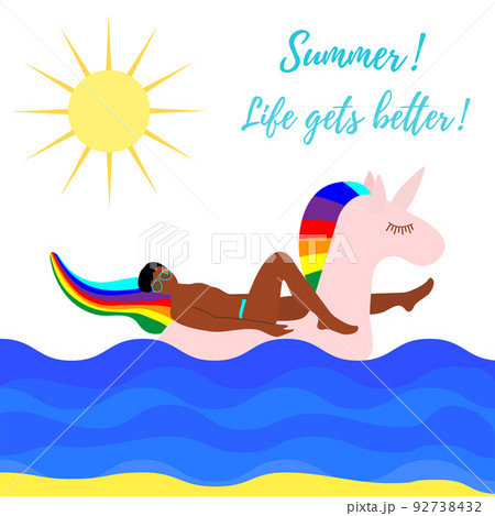 Man swims on inflatable unicorn on the sea Vector 92738432