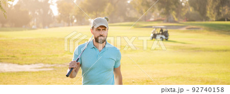 portrait of golfer in cap with golf club. people lifestyle. serious man after game portrait of golfer in cap with golf club. people lifestyle. serious man after game 92740158