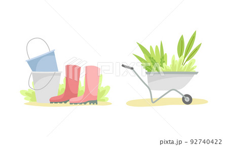 Gardening with Wheelbarrow and Buckets with Rubber Boots as Plant Cultivation and Agriculture Vector Set Gardening with Wheelbarrow and Buckets with Rubber Boots as Plant Cultivation and Agriculture Vector Set 92740422