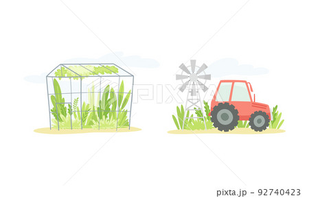 Gardening with Crop Growing in Greenhouse and Tractor with Wind Generator as Plant Cultivation and Agriculture Vector Set Gardening with Crop Growing in Greenhouse and Tractor with Wind Generator as Plant Cultivation and Agriculture Vector Set 92740423
