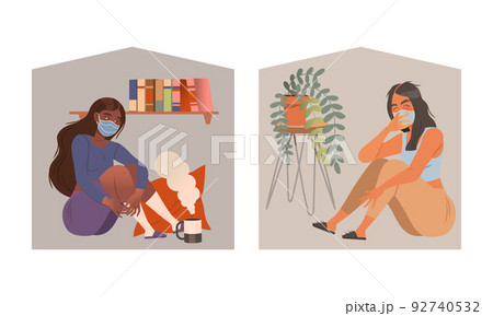 Woman Character Staying at Home with Self Quarantine During Coronavirus Pandemic Vector Set 92740532