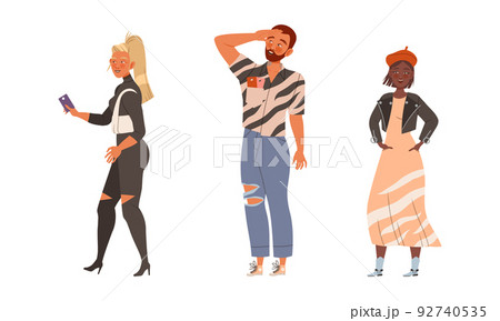 Young Man and Woman in Casual Wear Waiting or Standing in Queue or in Line for Nightclub Vector Set 92740535