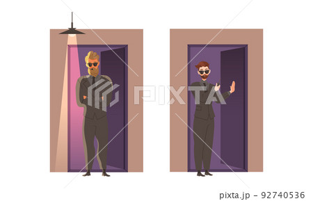 Bearded Brutal Man as Security Guard in Black Suit Standing at Nightclub Entrance as Face Control Vector Set 92740536
