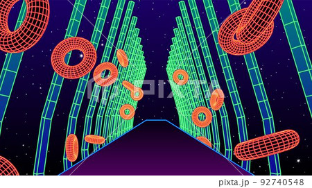 Neon corridor with wireframe shapes in 80s synthwave style. Abstrace retro arcade game background for party poster or music cover. Neon corridor with wireframe shapes in 80s synthwave style. Abstrace retro arcade game background for party poster or music cover. 92740548