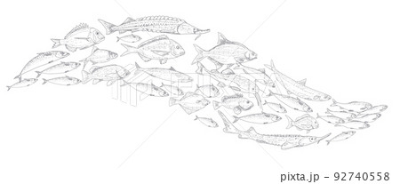 A set of vintage-style fish swimming in the shape of a wave A set of vintage-style fish swimming in the shape of a wave 92740558