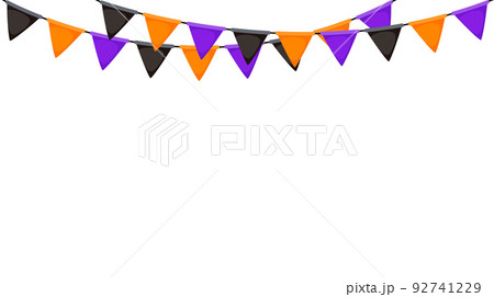Halloween bunting. Black, orange and purple repeating flag garland. Triangle pennants chain pattern. Party bunting decoration. Celebration flags for decor. Vector banner background  92741229