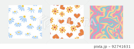 Set of retro 1970s seamless pattern. Floral, swirl, mushrooms, peace symbol, camomile, smile. 92741631