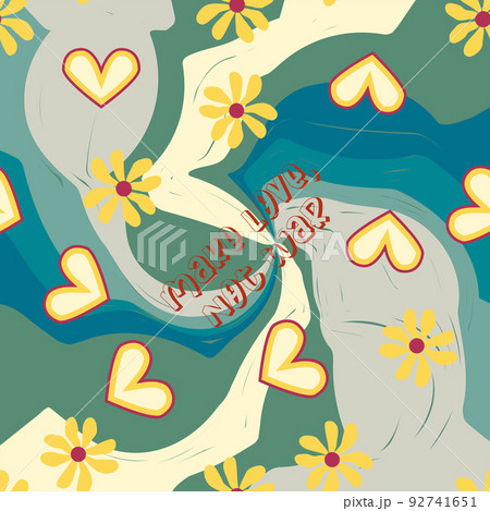 Love heart, daisies, waves of positivity retro 70s seamless pattern. Yellow, orange, red scattered heart shapes on a swirling background Love heart, daisies, waves of positivity retro 70s seamless pattern. Yellow, orange, red scattered heart shapes on a swirling background 92741651