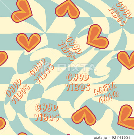 Love heart, daisies, waves of positivity retro 70s seamless pattern. Yellow, orange, red scattered heart shapes on a swirling background Love heart, daisies, waves of positivity retro 70s seamless pattern. Yellow, orange, red scattered heart shapes on a swirling background 92741652