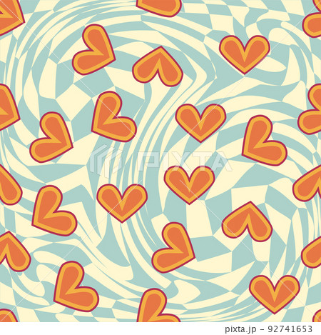 Love heart, daisies, waves of positivity retro 70s seamless pattern. Yellow, orange, red scattered heart shapes on a swirling background Love heart, daisies, waves of positivity retro 70s seamless pattern. Yellow, orange, red scattered heart shapes on a swirling background 92741653