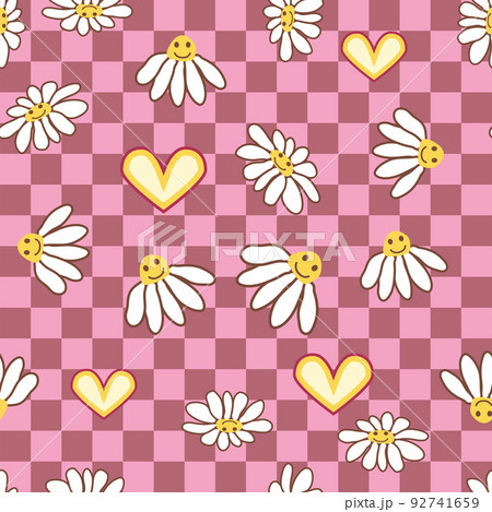 Retro Smile Chamomile Seamless Pattern on 1970 Wavy Swirl Seamless Pattern. Hippie Aesthetic. Retro Smile Chamomile Seamless Pattern on 1970 Wavy Swirl Seamless Pattern. Hippie Aesthetic. 92741659