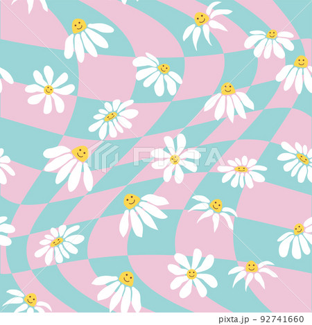 Retro Smile Chamomile Seamless Pattern on 1970 Wavy Swirl Seamless Pattern. Hippie Aesthetic. Retro Smile Chamomile Seamless Pattern on 1970 Wavy Swirl Seamless Pattern. Hippie Aesthetic. 92741660