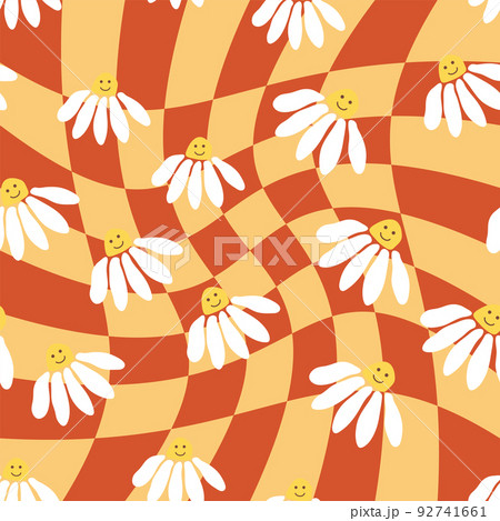 Retro Smile Chamomile Seamless Pattern on 1970 Wavy Swirl Seamless Pattern. Hippie Aesthetic. Retro Smile Chamomile Seamless Pattern on 1970 Wavy Swirl Seamless Pattern. Hippie Aesthetic. 92741661