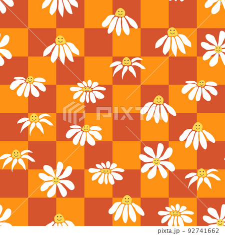 Retro Smile Chamomile Seamless Pattern on 1970 Wavy Swirl Seamless Pattern. Hippie Aesthetic. Retro Smile Chamomile Seamless Pattern on 1970 Wavy Swirl Seamless Pattern. Hippie Aesthetic. 92741662