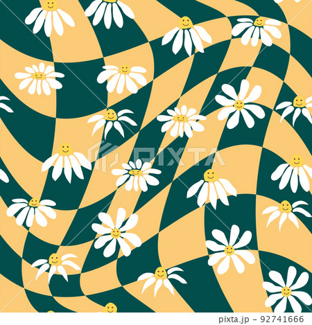 Retro Smile Chamomile Seamless Pattern on 1970 Wavy Swirl Seamless Pattern. Hippie Aesthetic. Retro Smile Chamomile Seamless Pattern on 1970 Wavy Swirl Seamless Pattern. Hippie Aesthetic. 92741666