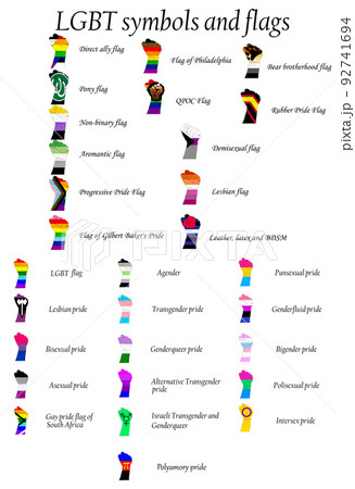 LGBT flag set including Progressive, Standard, Bisexual, Polyamory, Asexual, Aromantic, Philadelphia, QPOC, Demisexual, Lesbian, BDSM, Rubber LGBT flag set including Progressive, Standard, Bisexual, Polyamory, Asexual, Aromantic, Philadelphia, QPOC, Demisexual, Lesbian, BDSM, Rubber 92741694