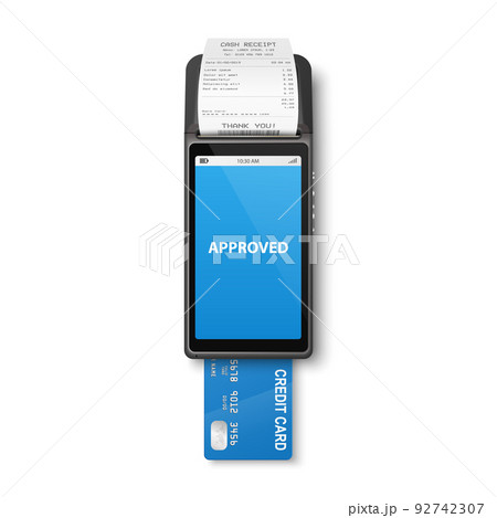 Vector 3d NFC Payment Machine, Credit Card, Receipt Isolated. Approved Payment Status. Wi-fi, Wireless Payment. POS Terminal, Machine Design Template, Bank Contactless Terminal, Mockup. Top VIew 92742307