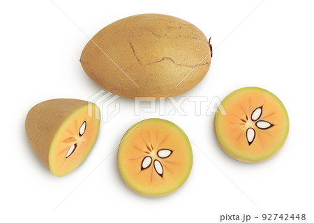 Sapodilla isolated on white background with full depth of field. Top view. Flat lay Sapodilla isolated on white background with full depth of field. Top view. Flat lay 92742448
