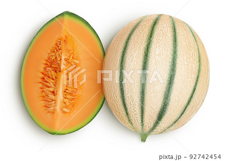 Cantaloupe melon isolated on white background with full depth of field. Top view. Flat lay Cantaloupe melon isolated on white background with full depth of field. Top view. Flat lay 92742454