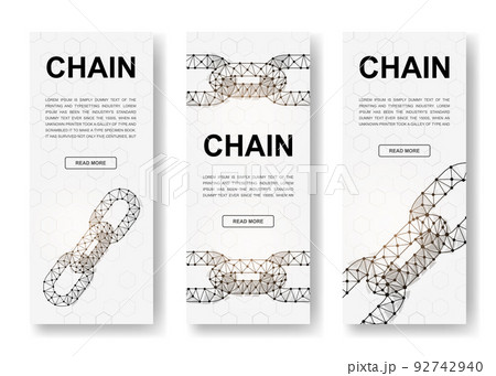 Set of three Chain polygonal vertical banners. 3d Blockchain low poly symbols with connected dots. Vertical illustration for homepage design. 92742940