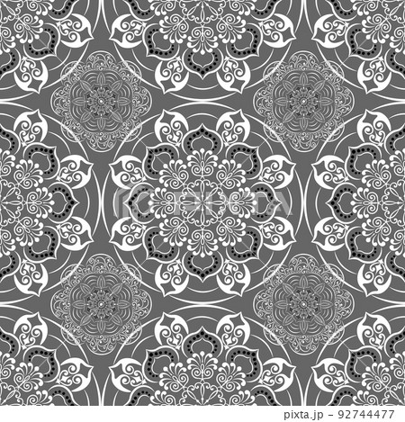 Mandalas, ethnic and swirl pattern, white and black colour, grey background. Seamless pattern, hand drawn, vector. 92744477