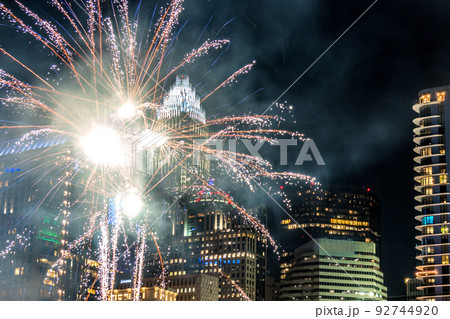 fireworks show over charlotte skyline post baseball game 92744920