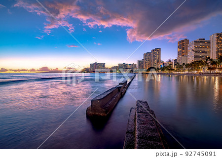 Famous Waikiki Beach summer sunset, O'ahu, Hawaii 92745091