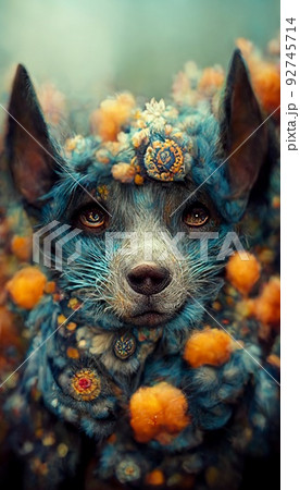 A fantasy magic dog in a fairy-tale wonderland forest. Artistic abstract cute animal. Perfect for phone wallpaper or for posters. 3D Rendering. 92745714
