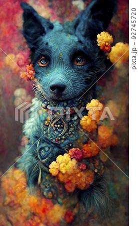 A fantasy magic dog in a fairy-tale wonderland forest. Artistic abstract cute animal. Perfect for phone wallpaper or for posters. 3D Rendering. A fantasy magic dog in a fairy-tale wonderland forest. Artistic abstract cute animal. Perfect for phone wallpaper or for posters. 3D Rendering. 92745720