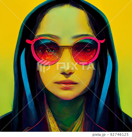 Portrait of a hipster wearing sunglasses. Hipster in sunglasses. Stylized drawing of a fashionista on an colored background. Perfect for phone wallpaper or for posters. Portrait of a hipster wearing sunglasses. Hipster in sunglasses. Stylized drawing of a fashionista on an colored background. Perfect for phone wallpaper or for posters. 92746125