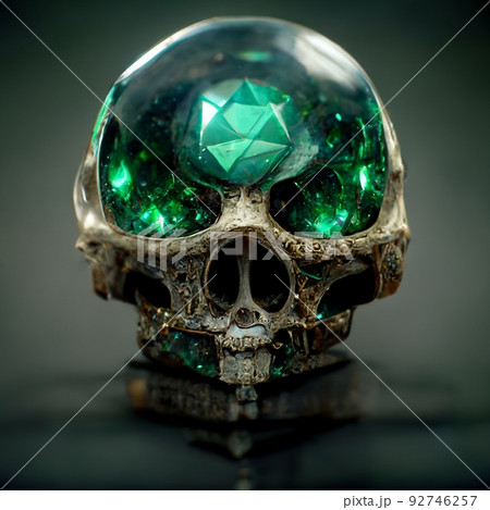 Crystal skull with emerald eyes. Emerald or tourmaline green crystals. Jewelry made of crystals. Perfect for phone wallpaper or for posters. 3D Rendering. 92746257