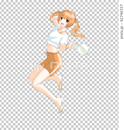 一個雙馬尾負責橙色的女孩，穿著運動型夏裝，精神抖擻 92746357