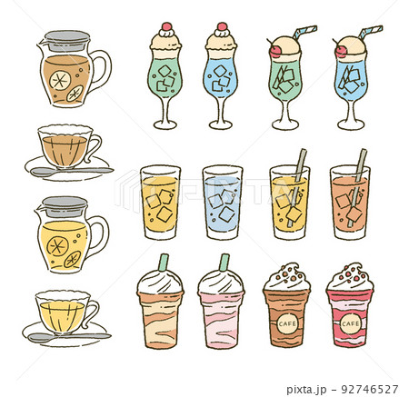 シンプルなタッチ　紅茶とクリームソーダ とジュースのイラストレーションセット 92746527