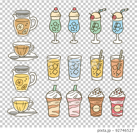 シンプルなタッチ　紅茶とクリームソーダ とジュースのイラストレーションセット 92746527