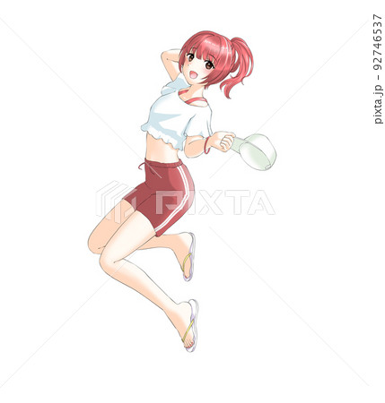 スポーティーな夏服ではしゃぐ赤担当ポニーテールの女の子 92746537