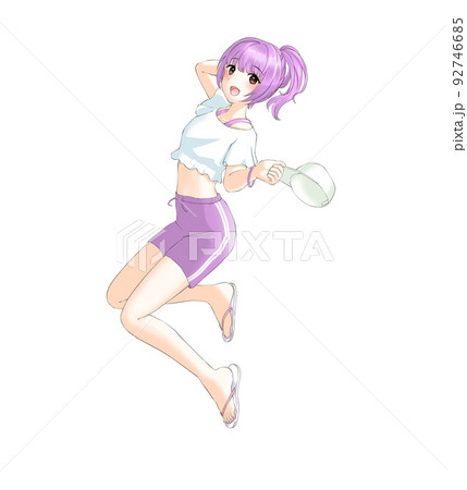 スポーティーな夏服ではしゃぐ紫担当ポニーテールの女の子 92746685