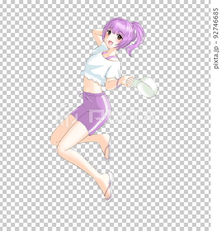 スポーティーな夏服ではしゃぐ紫担当ポニーテールの女の子 92746685