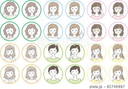 女性の顔アイコン、カラフル枠 92746887