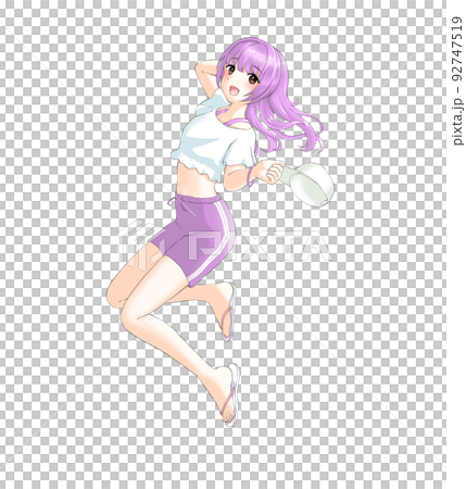 穿著運動夏裝的紫色長發女孩 92747519