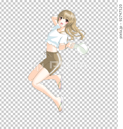 負責摩卡的長發女孩穿著運動夏裝嬉戲 92747520