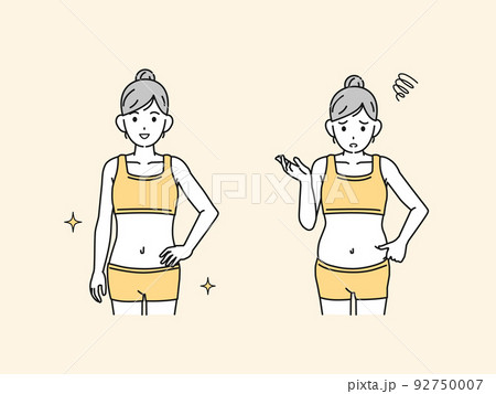 若い女性のウエスト　くびれ　スリム　お腹の脂肪　ダイエット　贅肉　イラスト 92750007