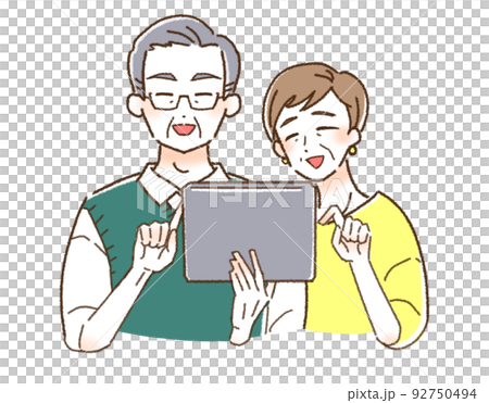 タブレットをみて笑っているシニアの男性と女性 92750494