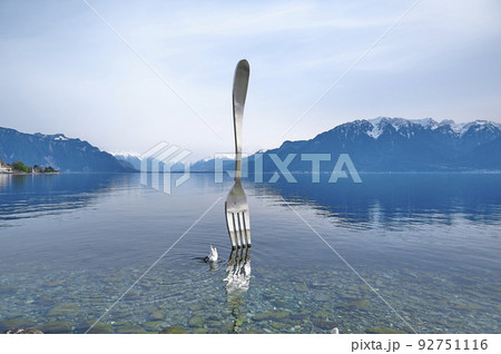 A landscape of the Fork, a stainless steel fork in front of the Alimentarium museum on the shore of Lake Geneva (Lac Leman). Located in Vevey, Switzerland. 92751116