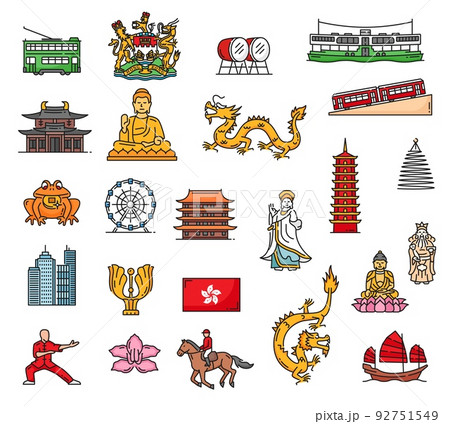 Hong Kong landmarks and travel color icons. Vector city and temple buildings, bauhinia, Buddha and junk boat, China flag, peak tram and pagoda tower, deity, gold dragon, coat of arms, ferry and drum Hong Kong landmarks and travel color icons. Vector city and temple buildings, bauhinia, Buddha and junk boat, China flag, peak tram and pagoda tower, deity, gold dragon, coat of arms, ferry and drum 92751549