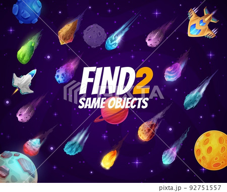 Find two same space comets, asteroids and meteors. Kindergarten children riddle vector worksheet, kids educational quiz or child game with similarities search, flying in space comets and spaceships Find two same space comets, asteroids and meteors. Kindergarten children riddle vector worksheet, kids educational quiz or child game with similarities search, flying in space comets and spaceships 92751557
