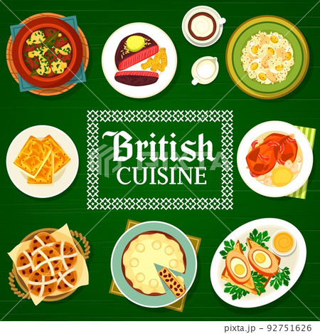 British cuisine meals menu cover vector template. Scotch eggs, baked rabbit and Irish stew, coffee, duck pie and cheese toast, rice fish kedgeree, hot cross buns and beef steak British cuisine meals menu cover vector template. Scotch eggs, baked rabbit and Irish stew, coffee, duck pie and cheese toast, rice fish kedgeree, hot cross buns and beef steak 92751626